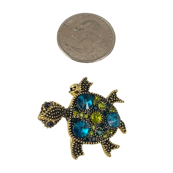 Vintage Turtle Brooch With Blue & Green Rhinestones - Picture 5 of 6